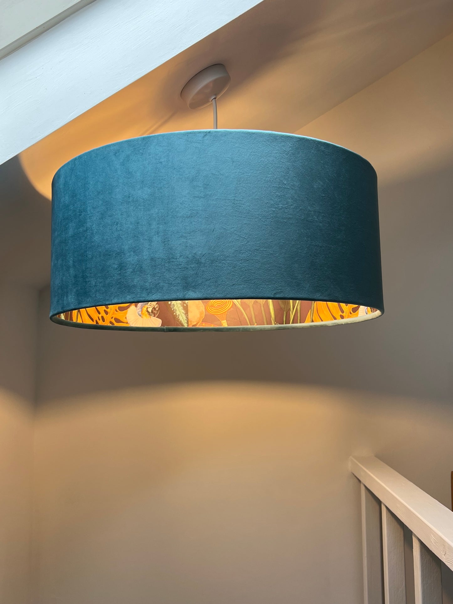 Teal velvet wonderland drum lampshade, double sided lampshade with wonderland paper interior