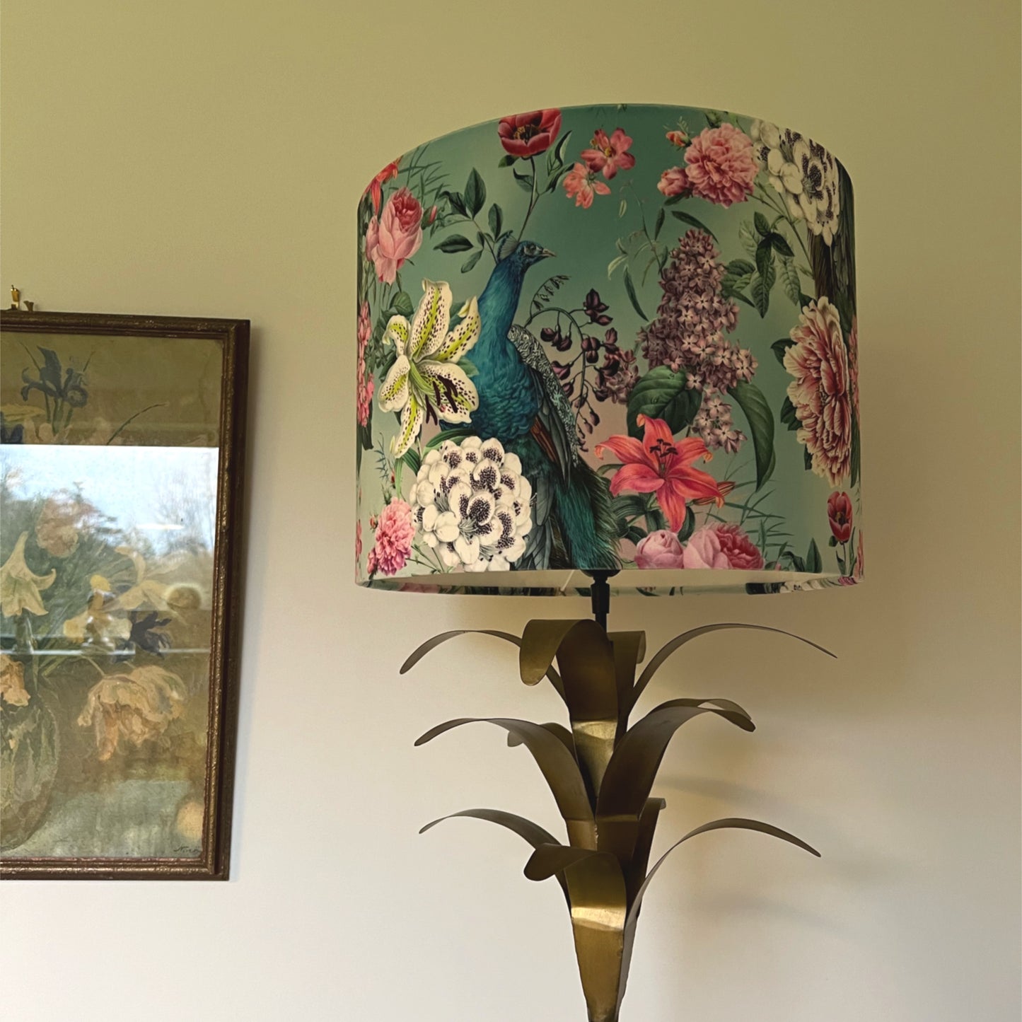 Peacock floral velvet in duck-egg, drum lampshade / ceiling shade, with a white lining
