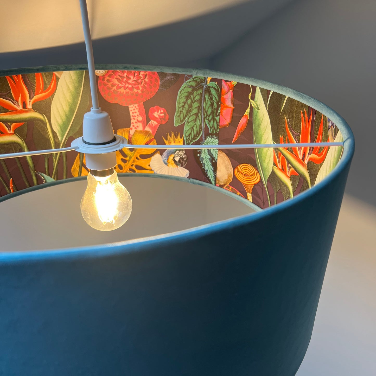 Teal velvet wonderland drum lampshade, double sided lampshade with wonderland paper interior