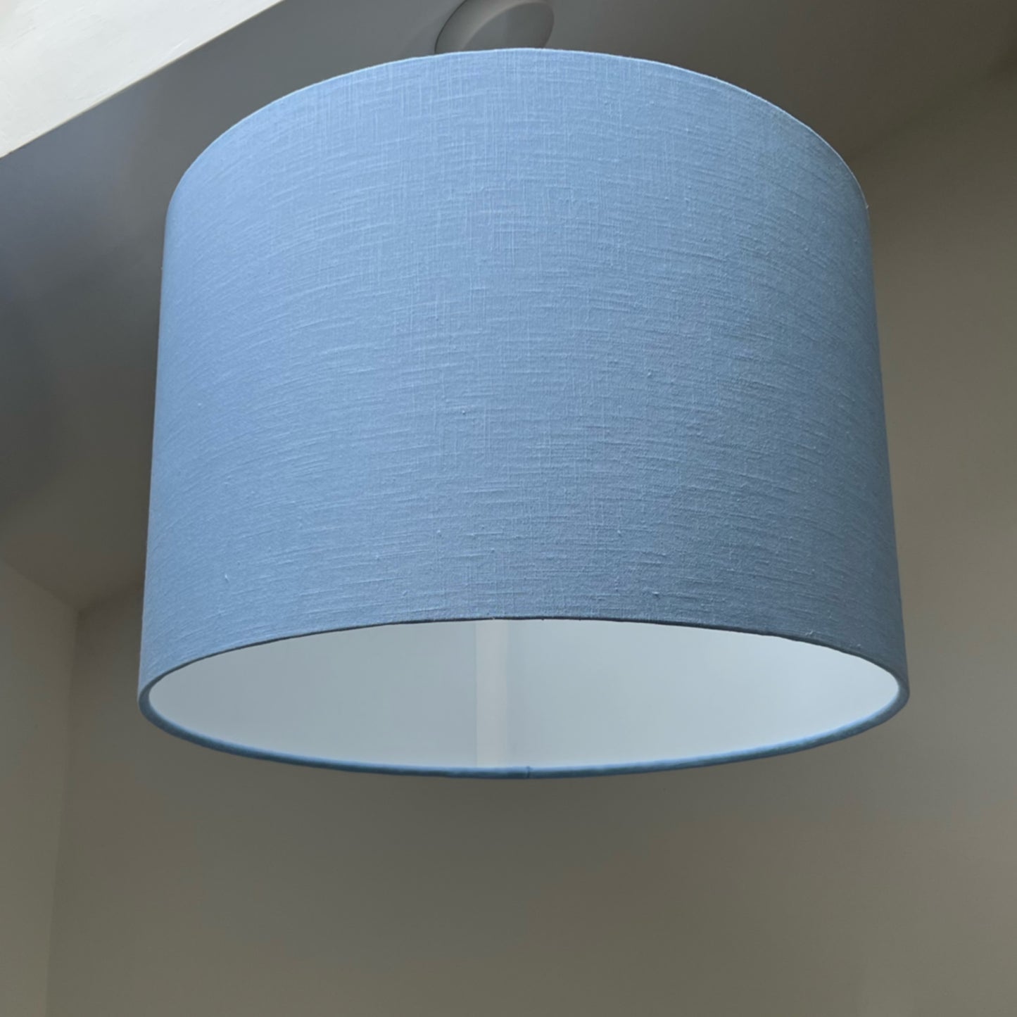 Light blue linen drum lampshade/ ceiling shade with a white lining
