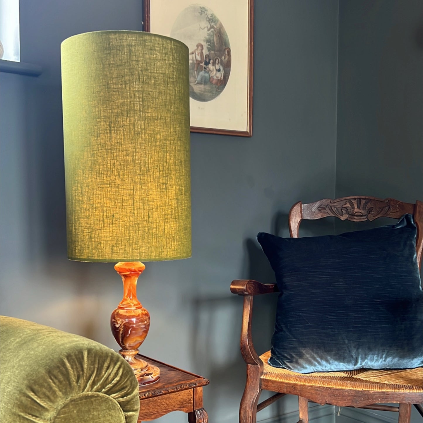 Olive linen cylinder lampshade, extra tall lampshade