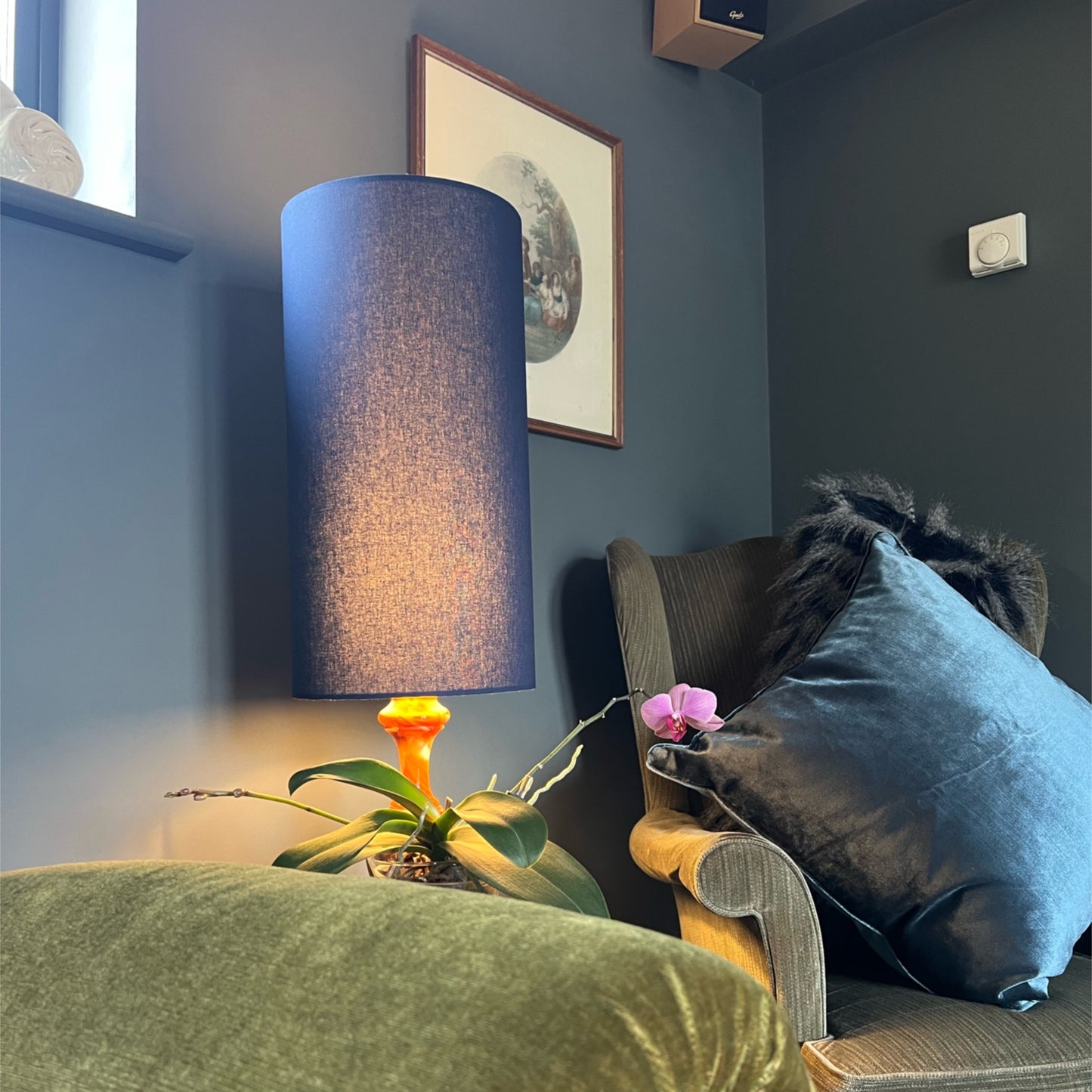Navy cotton cylinder lampshade, extra tall lampshade