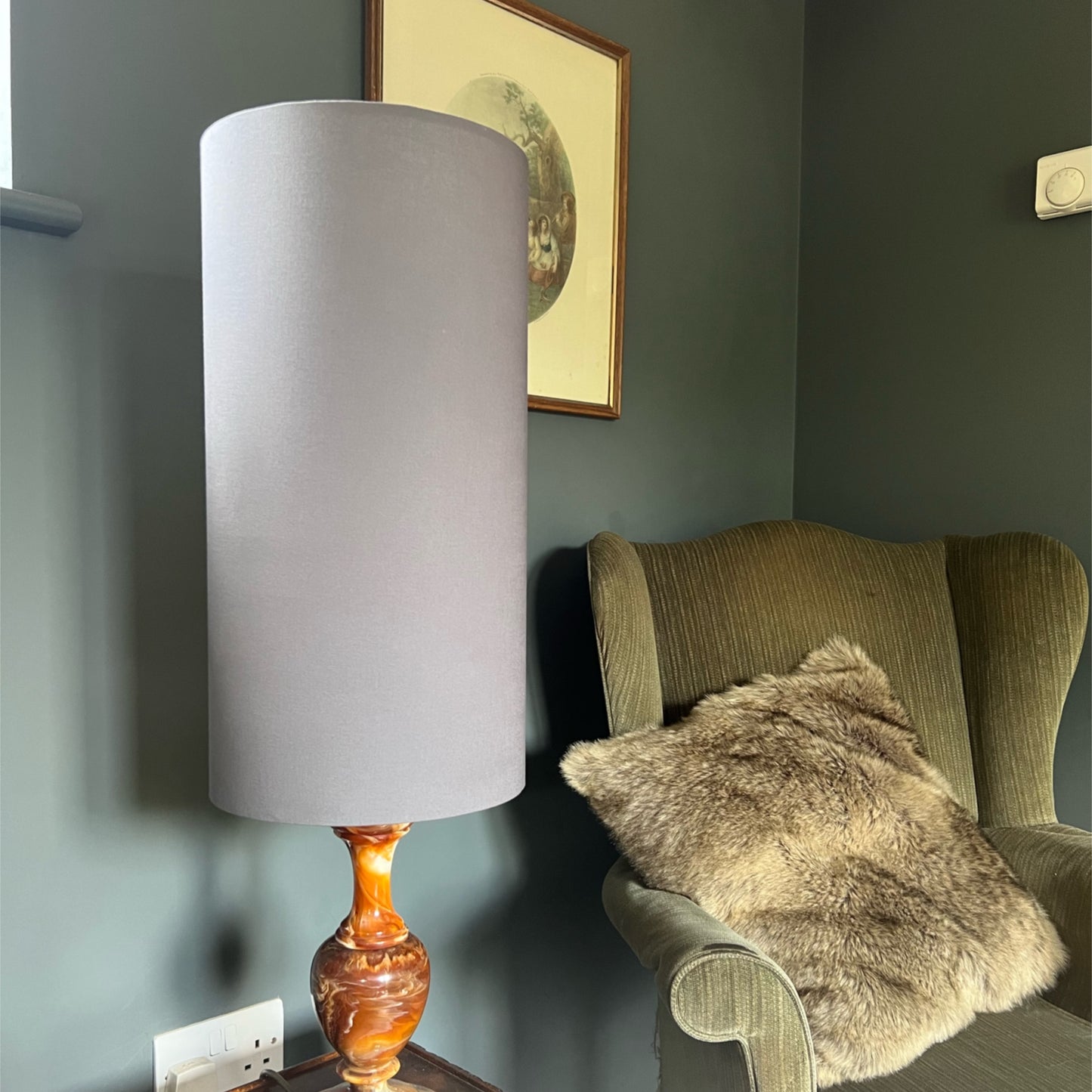 Grey cotton cylinder lampshade, extra tall lampshade