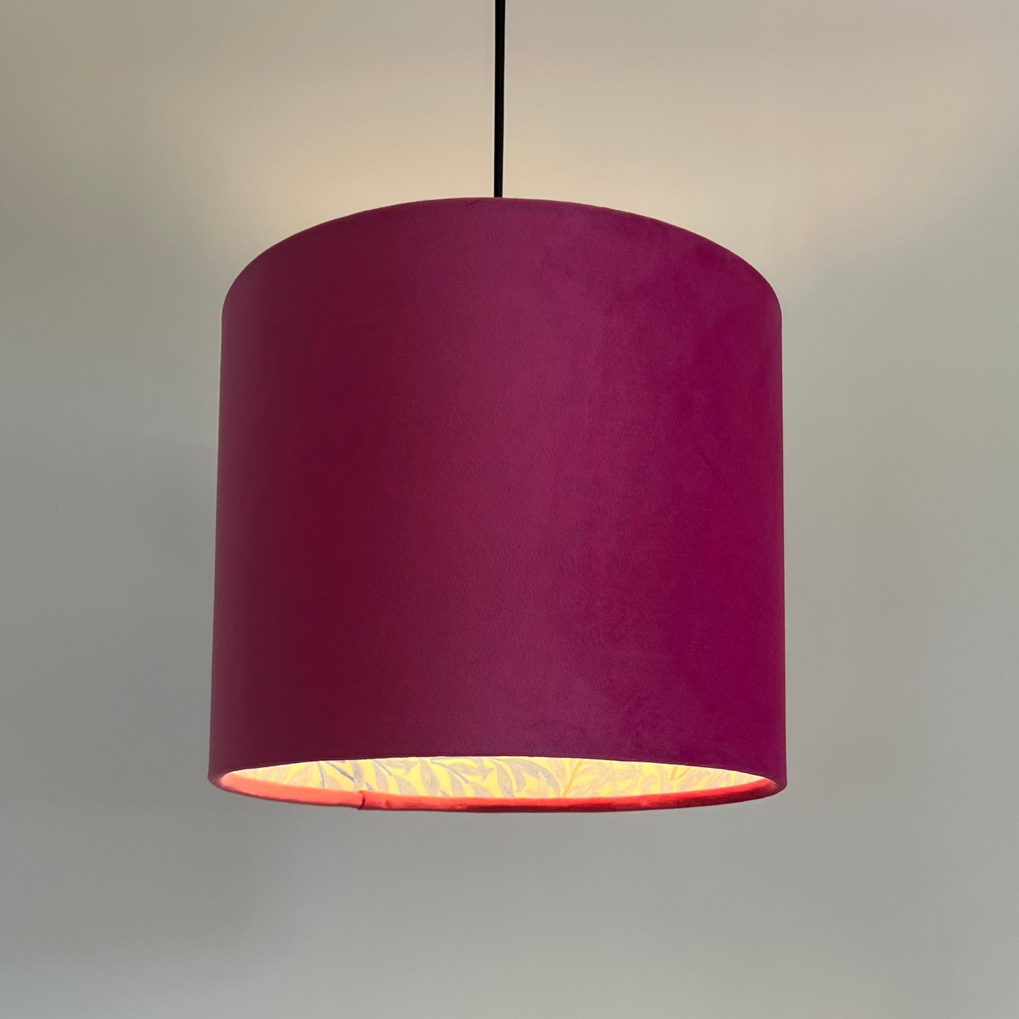 Hot Pink Velvet drum lampshade, double sided lampshade, with William Morris blue leaves cotton interior
