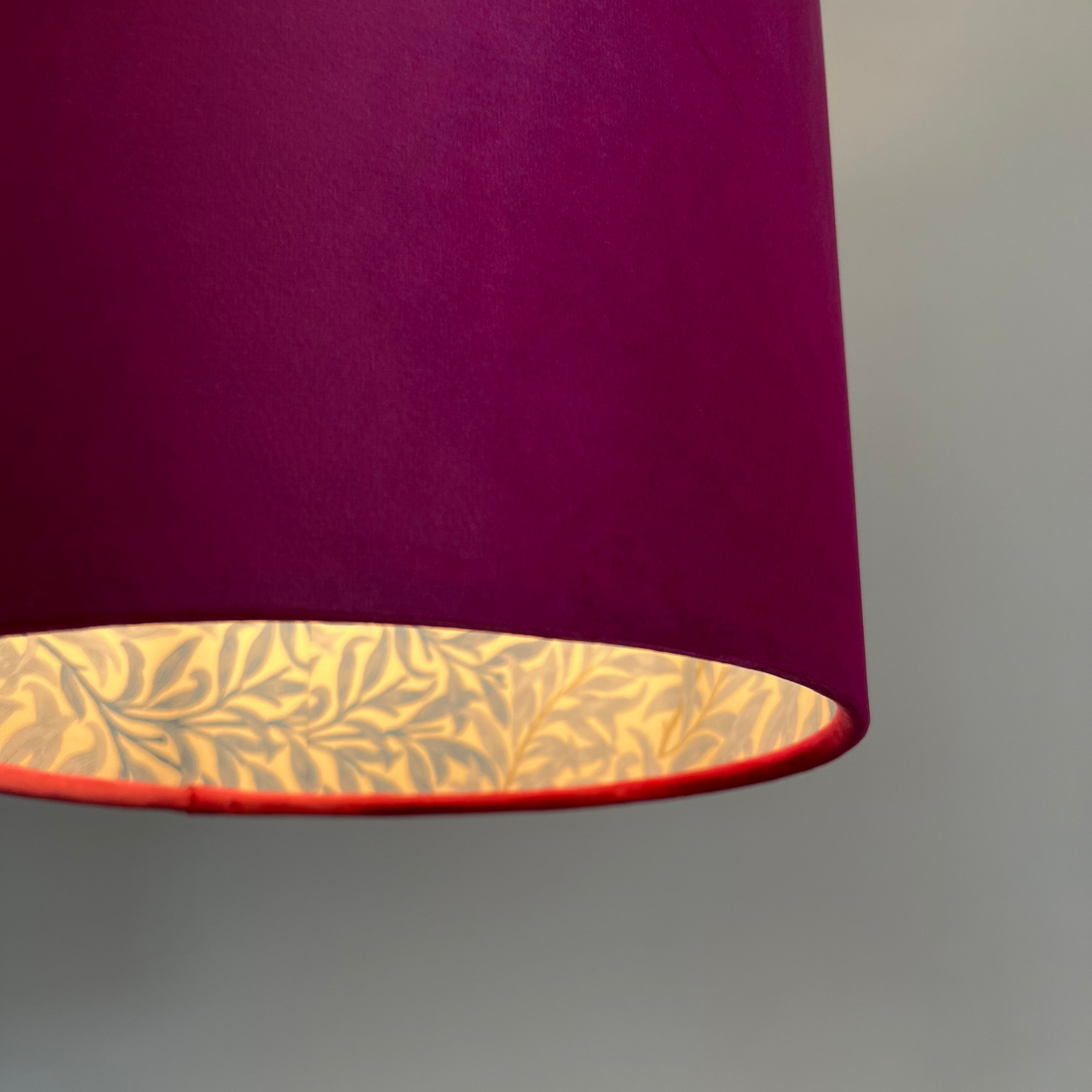 Hot Pink Velvet drum lampshade, double sided lampshade, with William Morris blue leaves cotton interior