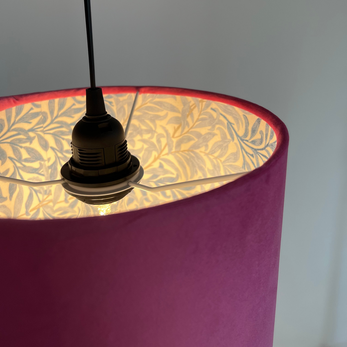 Hot Pink Velvet drum lampshade, double sided lampshade, with William Morris blue leaves cotton interior