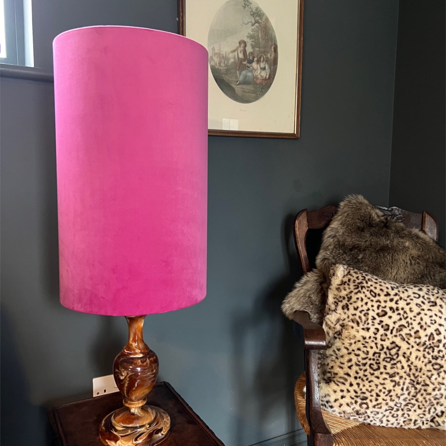 Hot pink velvet cylinder lampshade, extra tall lampshade