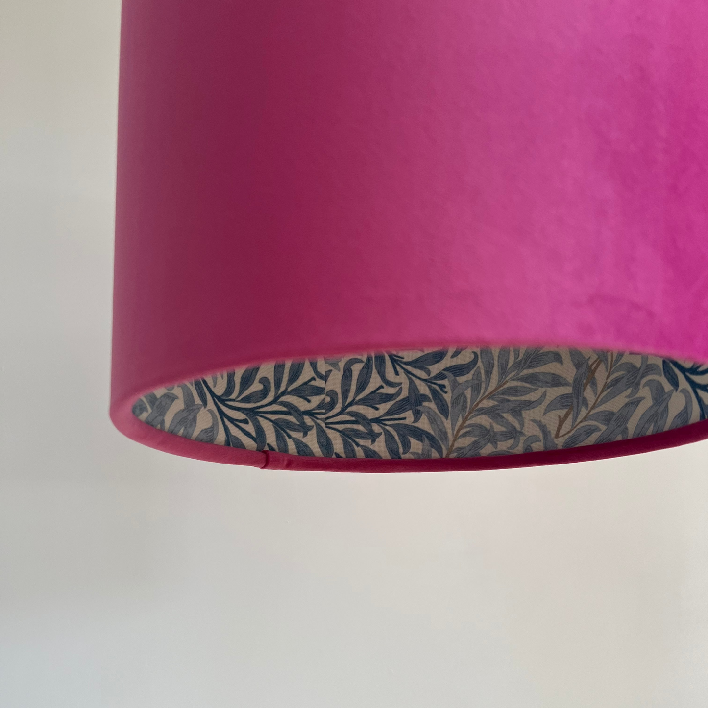 Hot Pink Velvet drum lampshade, double sided lampshade, with William Morris blue leaves cotton interior