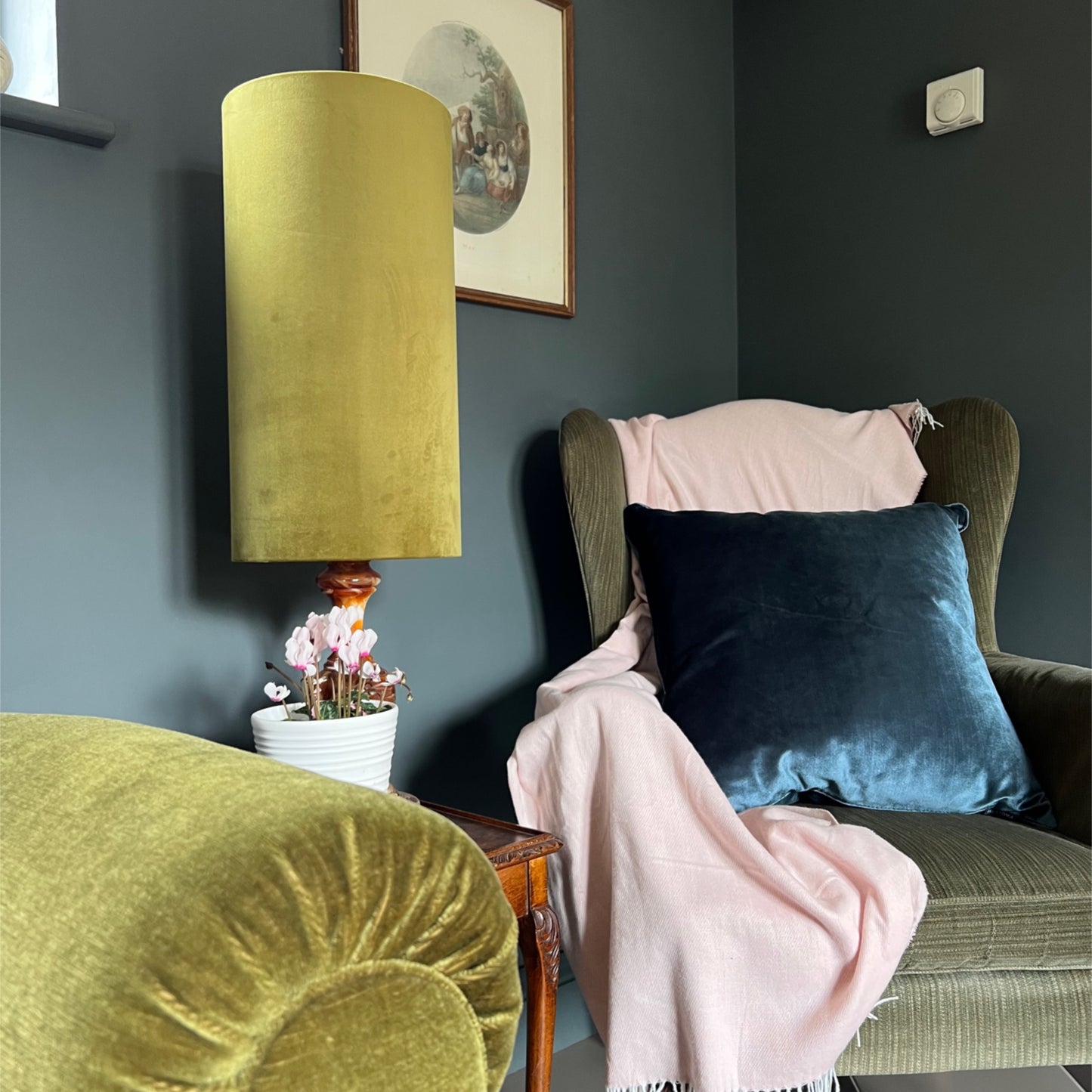 Olive Green Velvet cylinder lampshade, extra tall lampshade