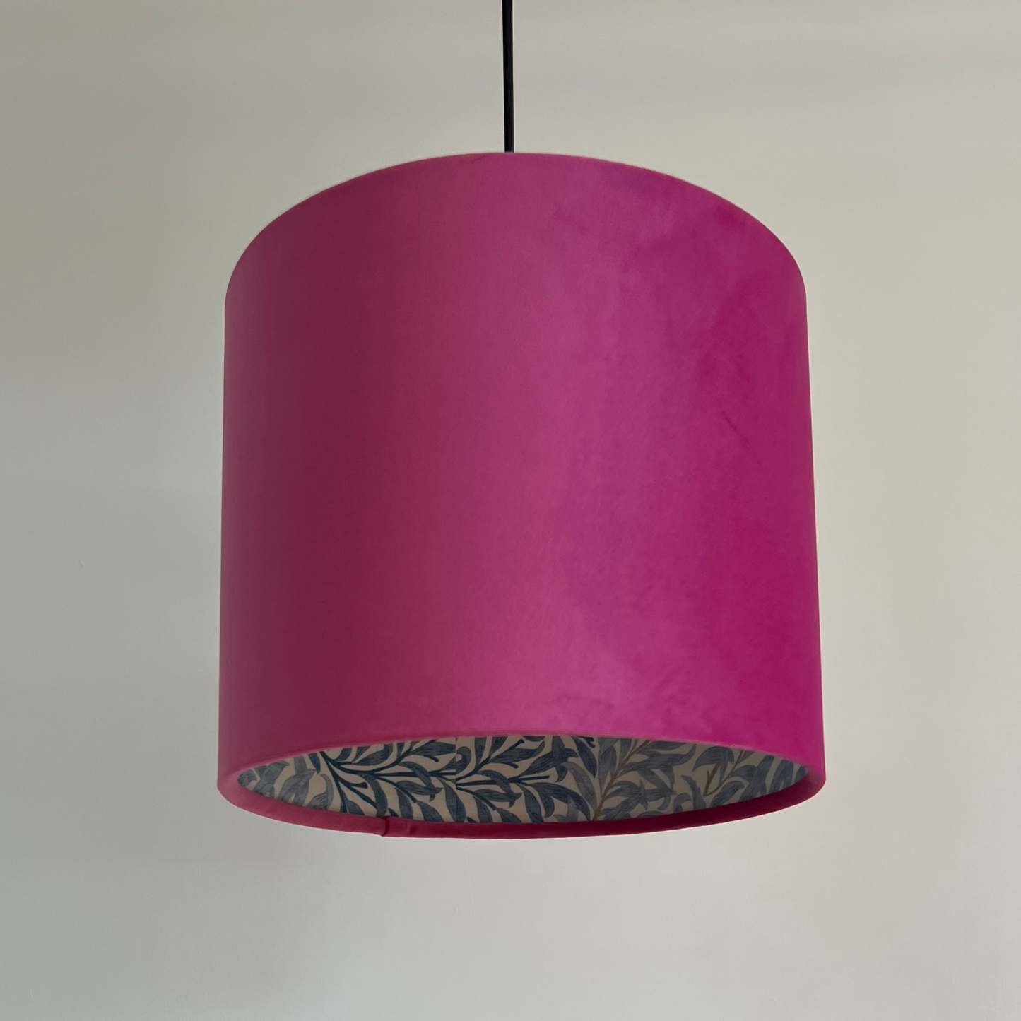 Hot Pink Velvet drum lampshade, double sided lampshade, with William Morris blue leaves cotton interior