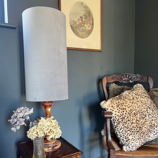 Grey velvet cylinder lampshade, extra tall lampshade