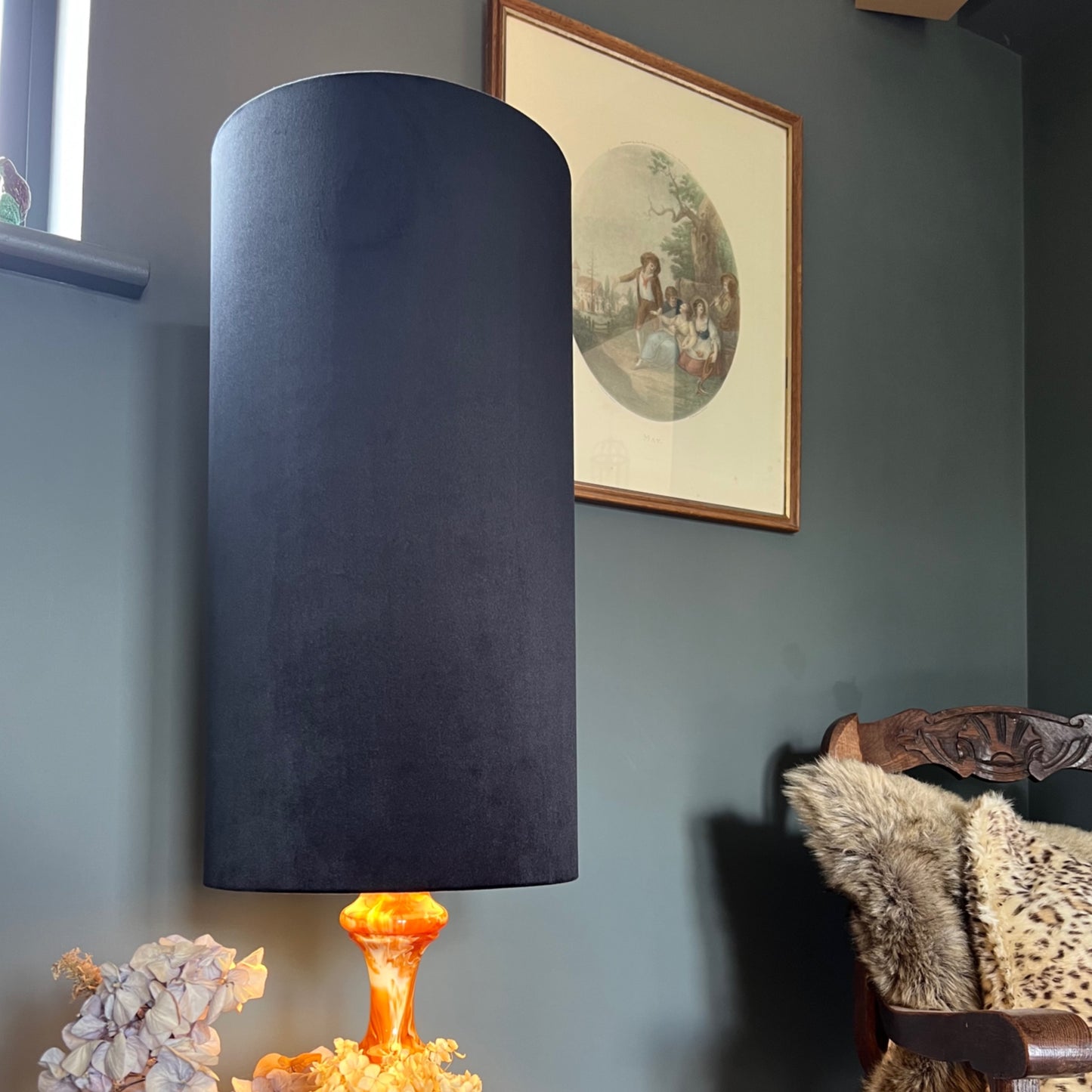 Black velvet cylinder lampshade, extra tall lampshade