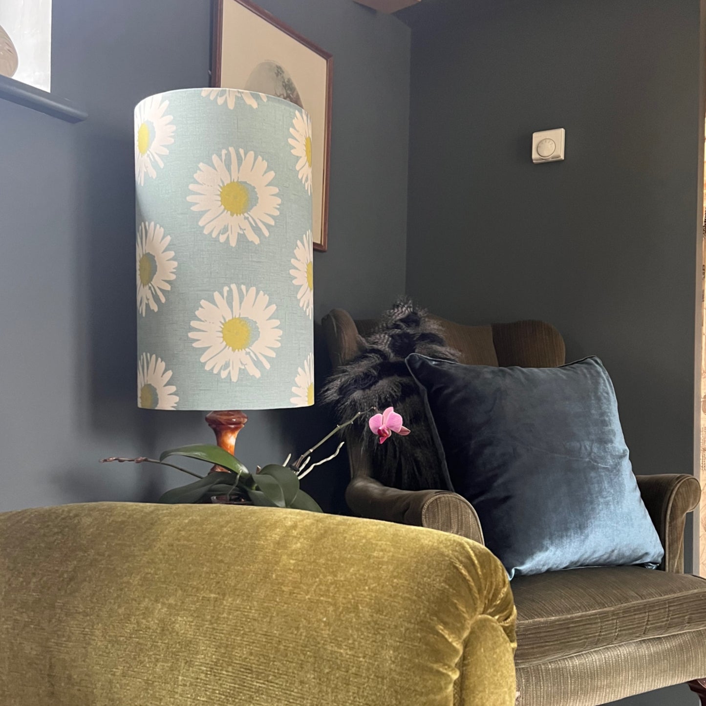 Daisy pastel blue cylinder lampshade, in cotton, extra tall lampshade