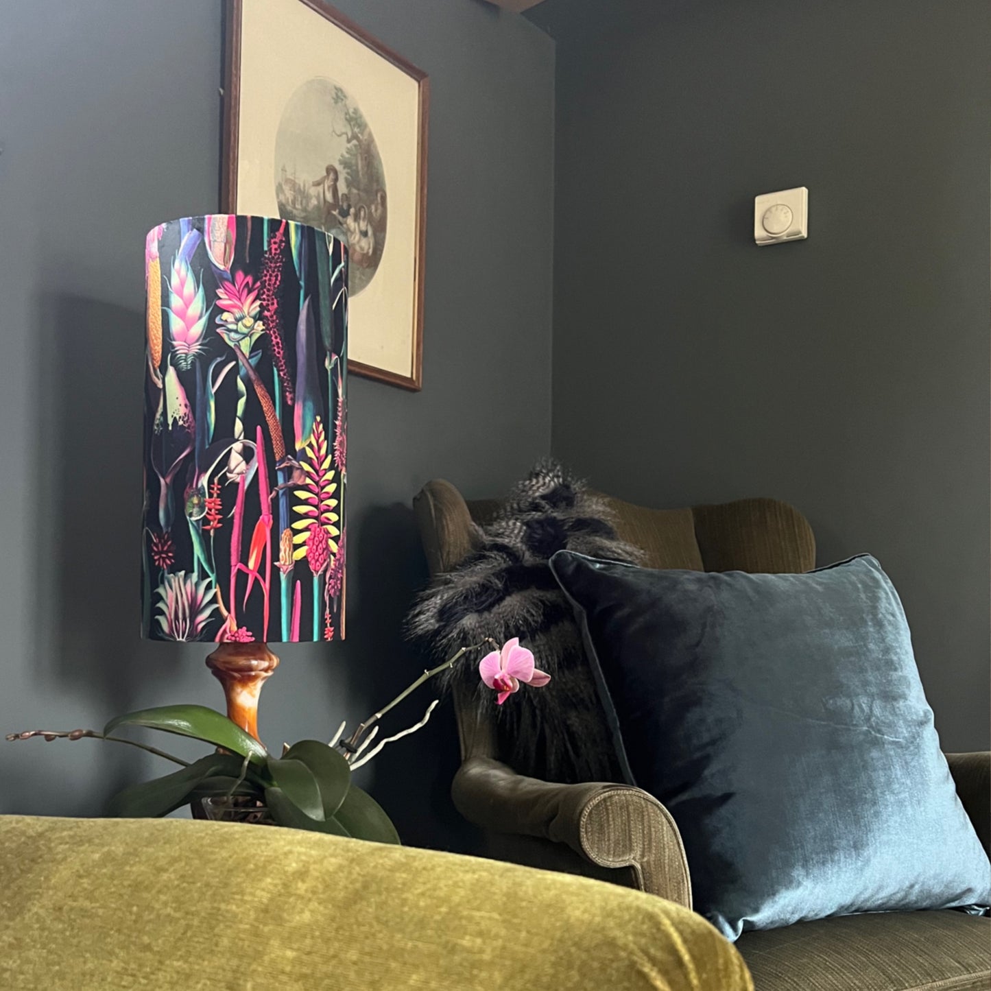 Botanical black velvet cylinder lampshade, extra tall lampshade
