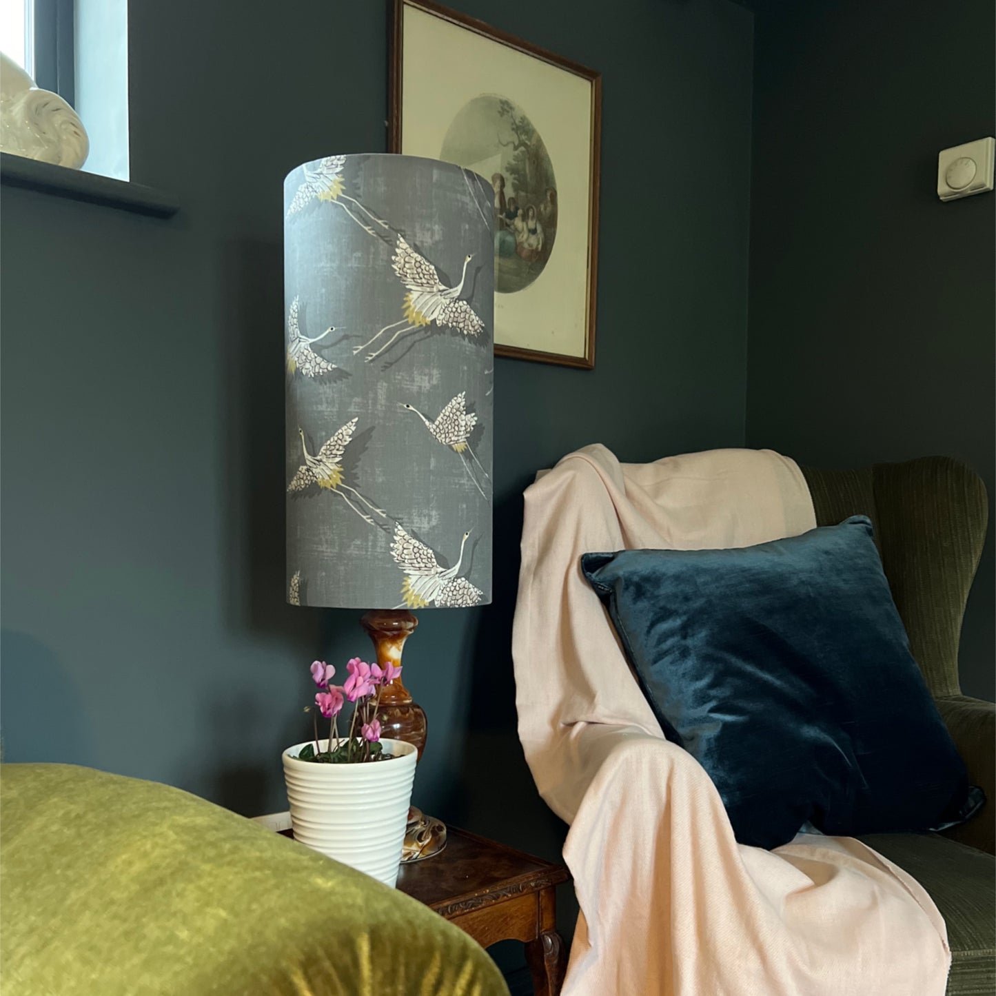 Flying birds in slate cylinder lampshade, in cotton, extra tall lampshade