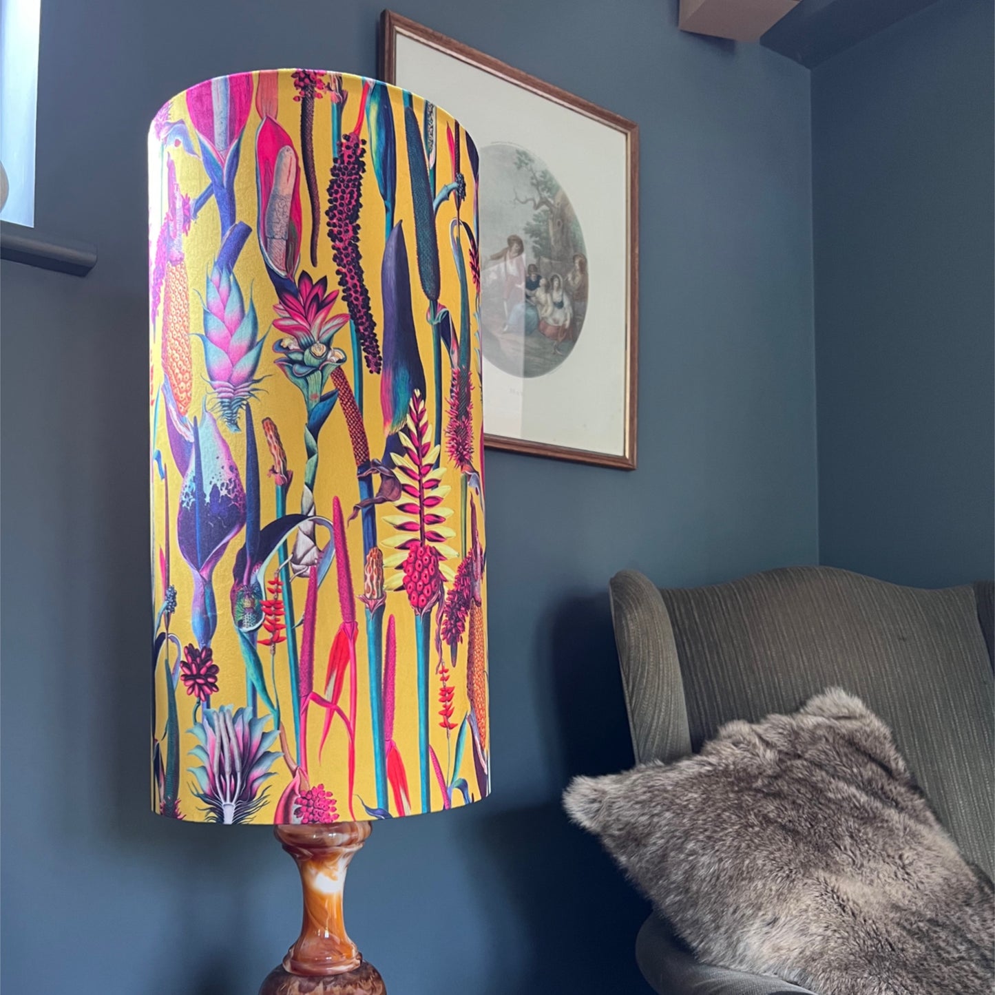 Botanical mustard velvet cylinder lampshade, extra tall lampshade