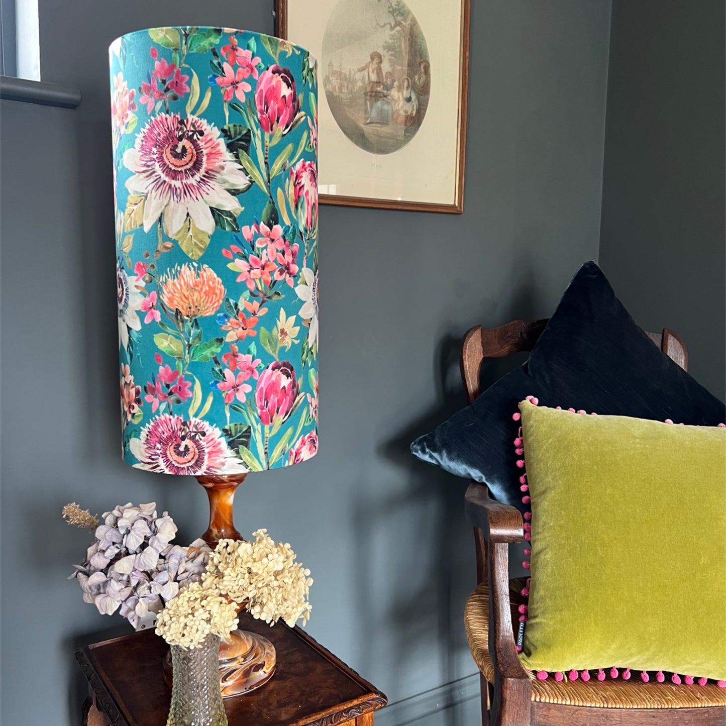 Summer garden Velvet cylinder lampshade, in teal, extra tall lampshade