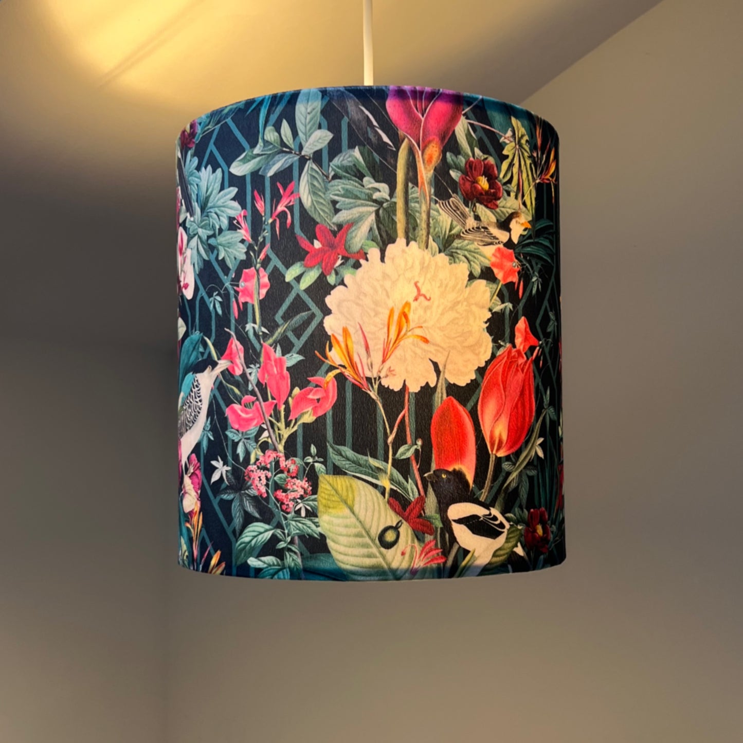 Botanical geometric black velvet lampshade / ceiling shade, with a white lining