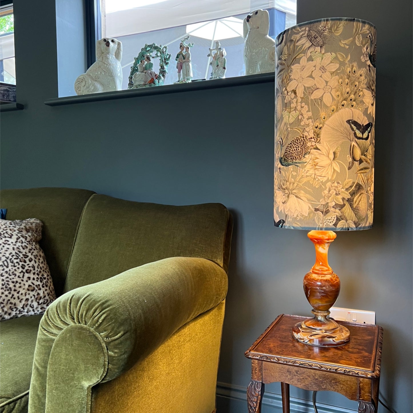 Peacock, butterfly Velvet cylinder lampshade, in grey, extra tall lampshade