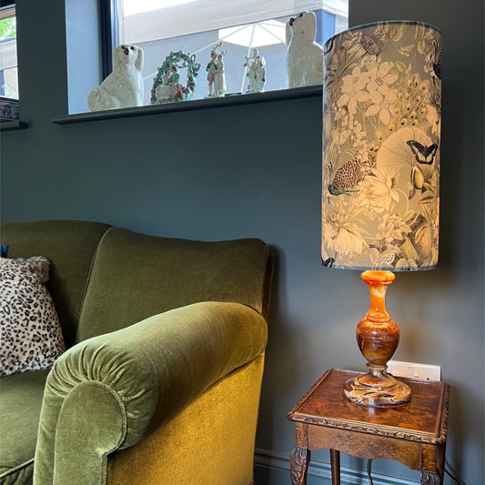 Peacock, butterfly Velvet cylinder lampshade, in grey, extra tall lampshade
