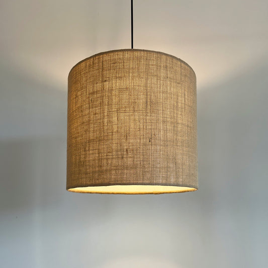 Hessian drum lampshade/ ceiling shade with a white lining