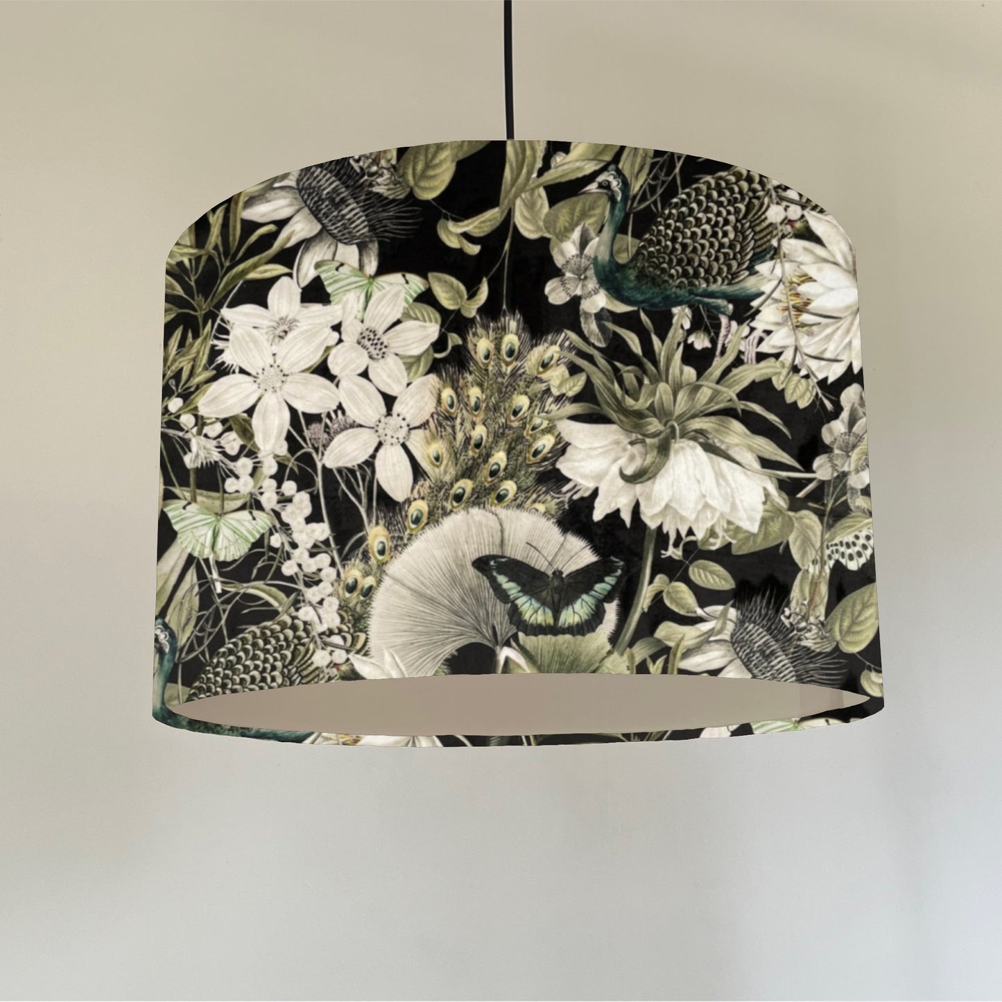 Peacock butterfly velvet in black, drum lampshade/ ceiling shade, with a white lining