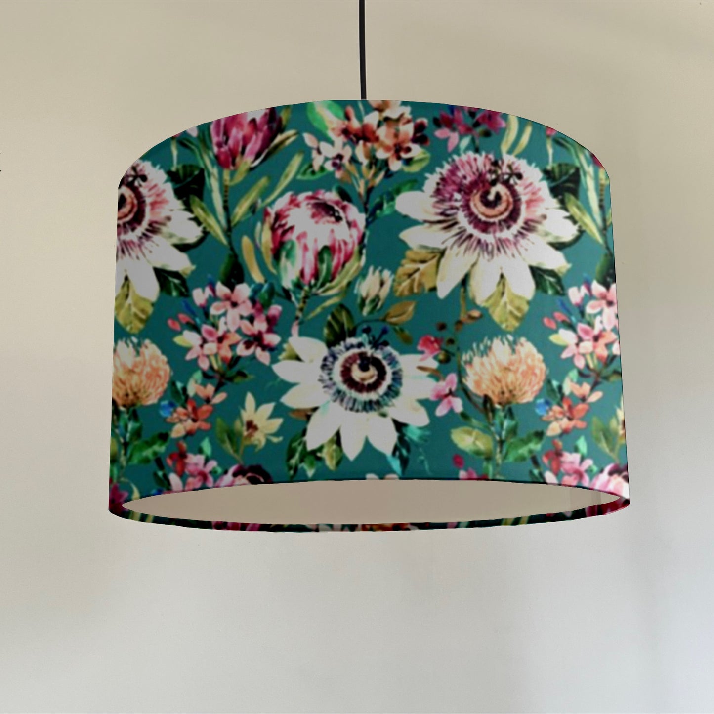 Summer garden velvet in teal, drum lampshade /ceiling shade with a white lining