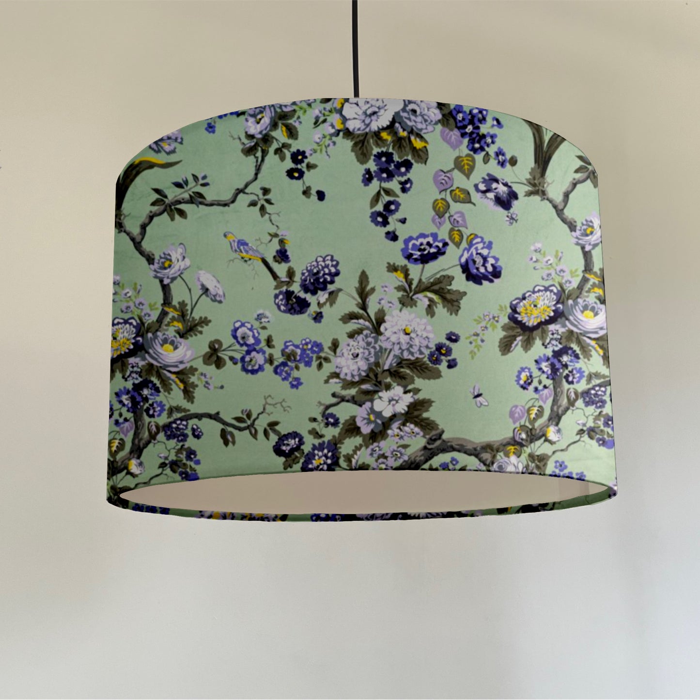 Purple floral velvet drum lampshade / ceiling shade, with a white lining