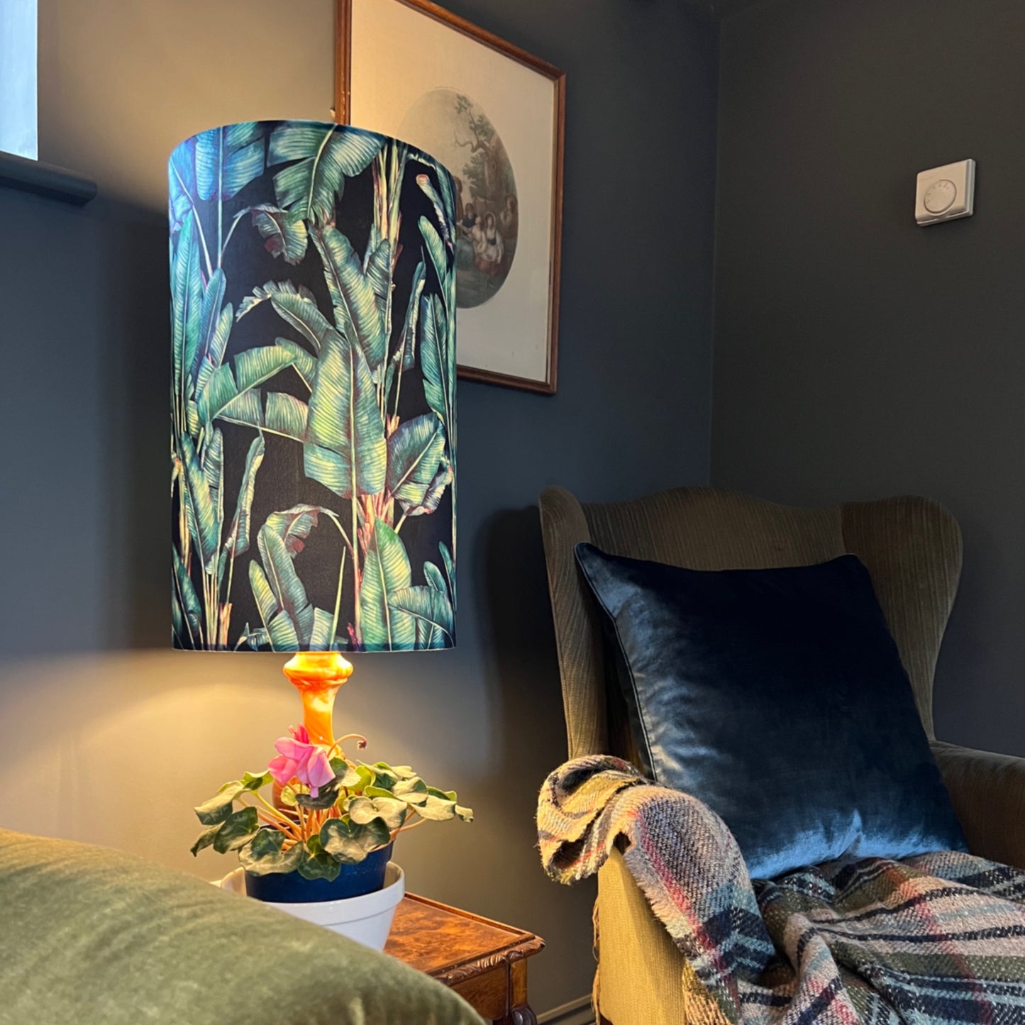 Leaves Velvet cylinder lampshade, in black, extra tall lampshade