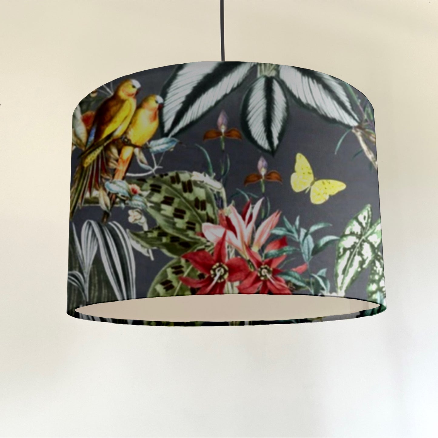 Tropical birds velvet in grey, drum lampshade /ceiling shade with a white lining