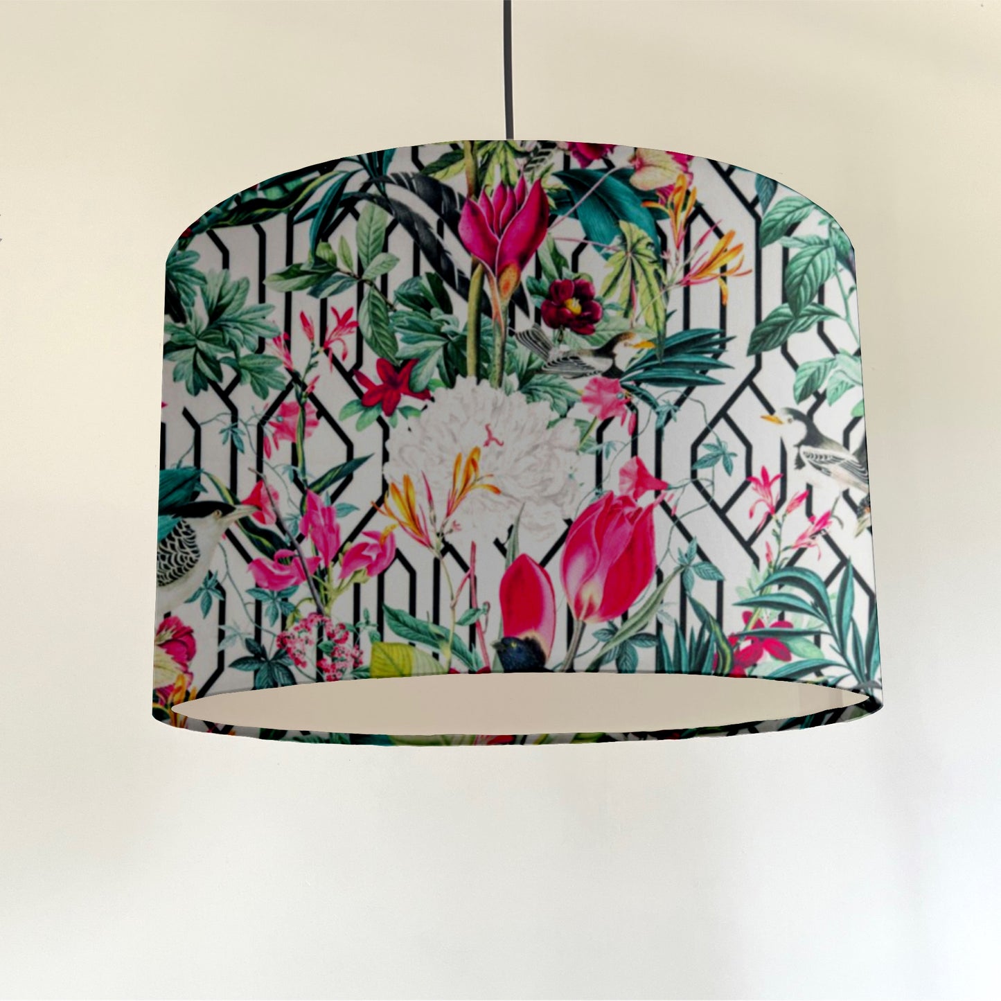 Botanical geometric white velvet lampshade / ceiling shade, with a white lining