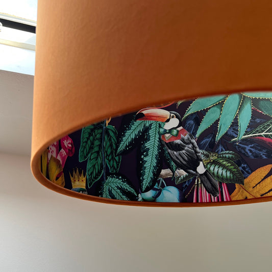 Burnt orange velvet drum lampshade/ ceiling light shade with wonderland paper interior