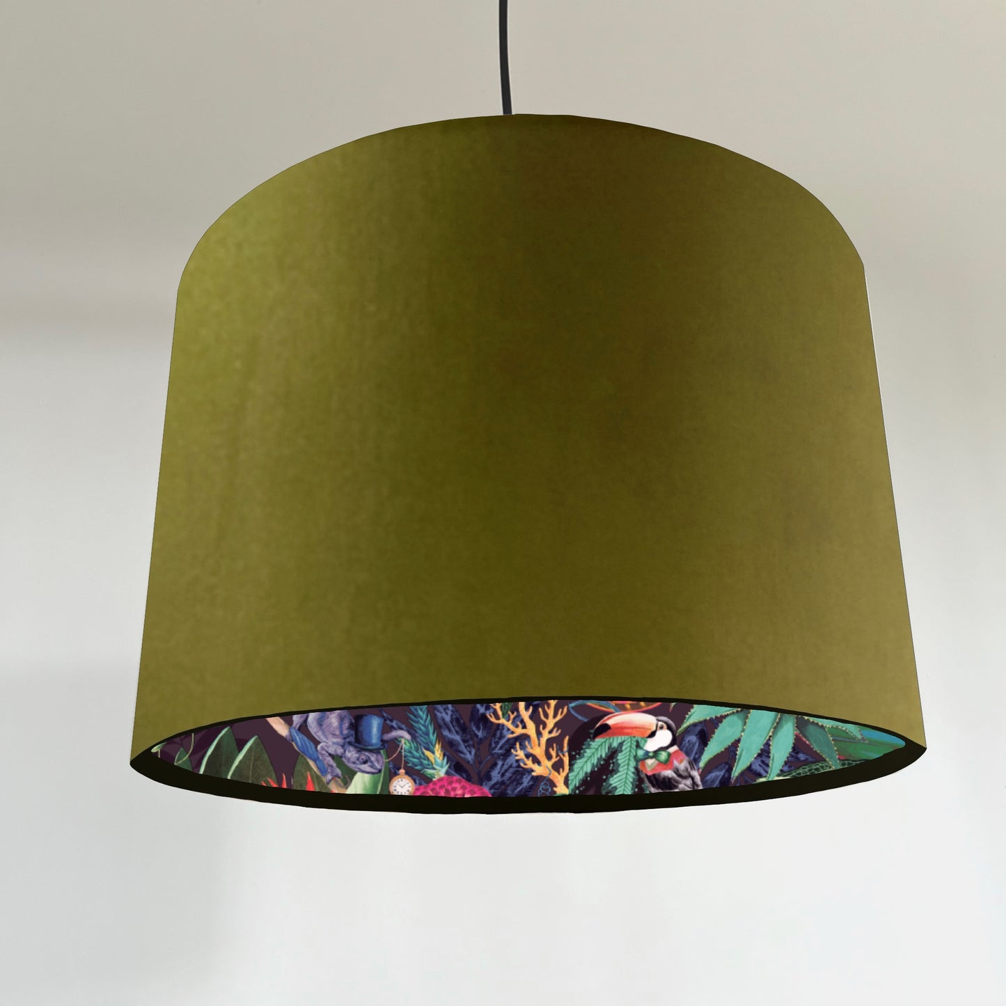Olive green velvet wonderland drum lampshade, double sided lampshade with wonderland paper interior