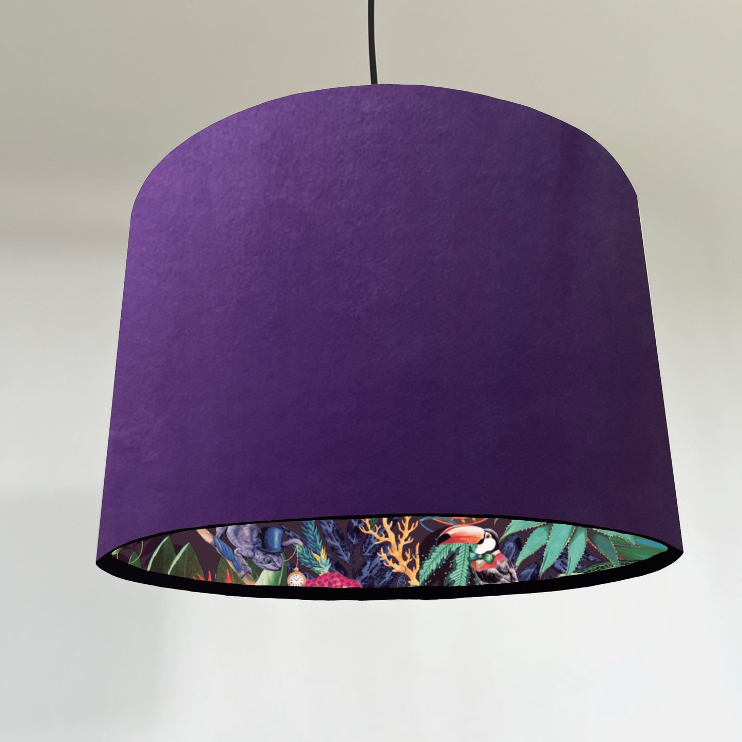 Purple velvet drum double sided lampshade/ ceiling light shade, with wonderland paper on interior