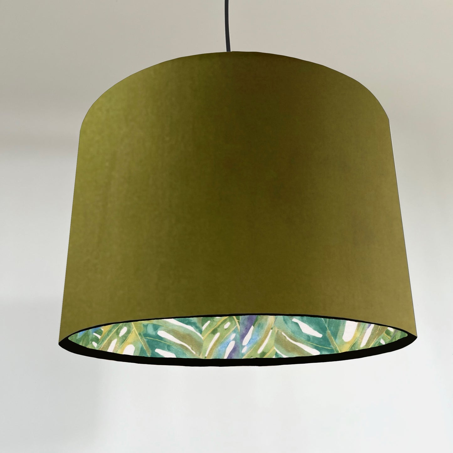 Olive velvet drum lampshade/ ceiling light shade with leaves interior