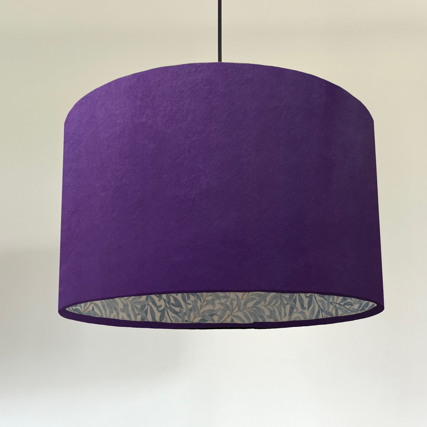 Purple velvet drum lampshade, double sided lampshade, with William Morris blue leaves cotton interior