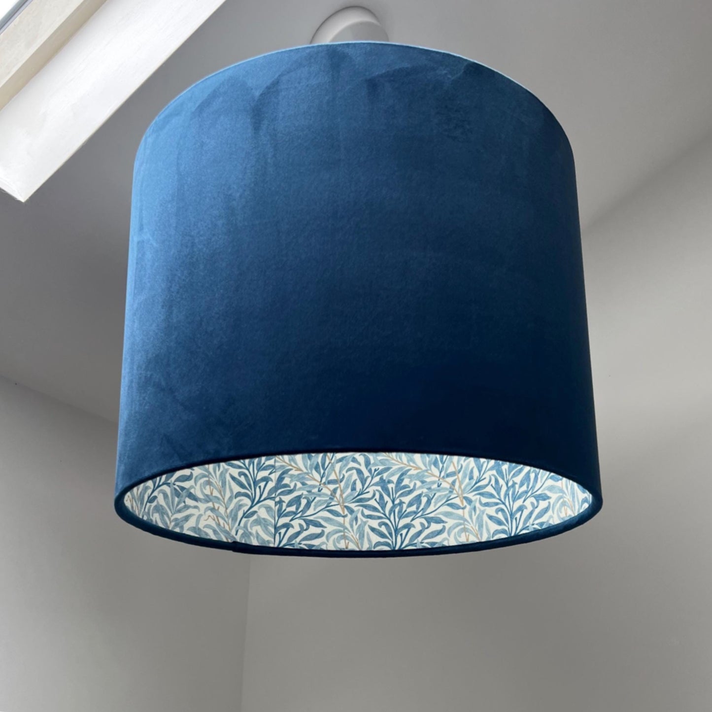 Navy velvet drum lampshade, double sided lampshade, with William Morris blue leaves cotton interior