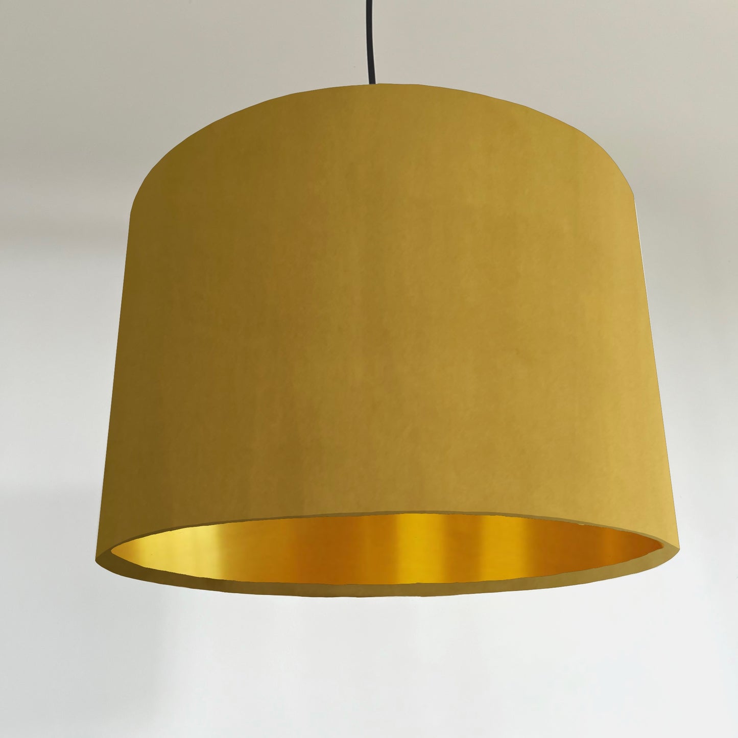 Mustard velvet drum lampshade/ ceiling shade with a metallic brushed gold lining