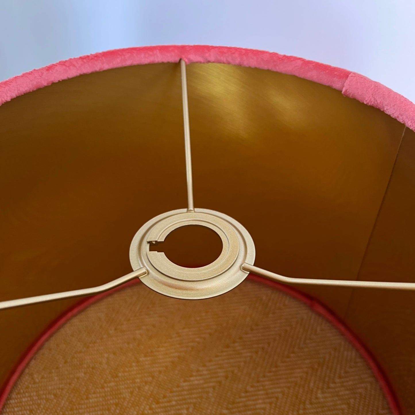Coral textured velvet drum lampshade/ ceiling shade with a metallic brushed gold lining
