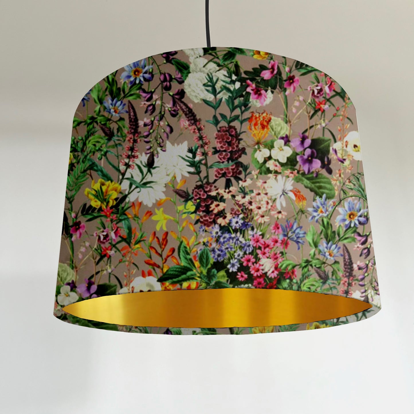 Grey flowers velvet drum lampshade / ceiling shade, with a metallic brushed gold lining
