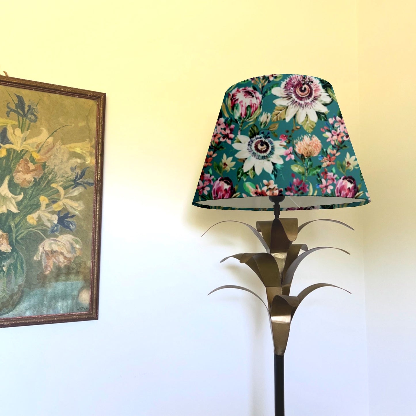 Floral summer garden velvet coolie lampshade/ ceiling light shade, empire lampshade, teal