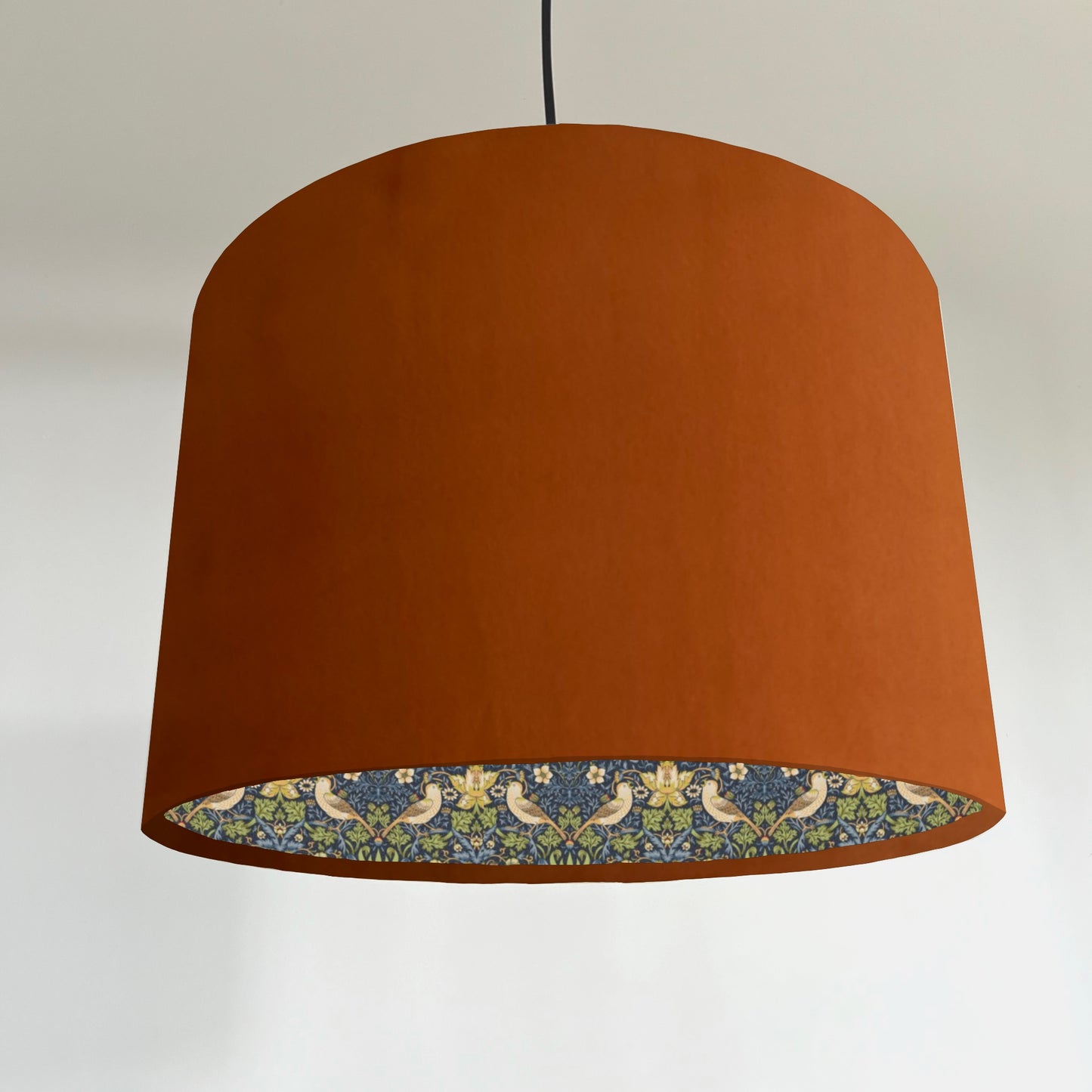 Burnt orange velvet drum lampshade, double sided lampshade, with strawberry thief navy cotton interior