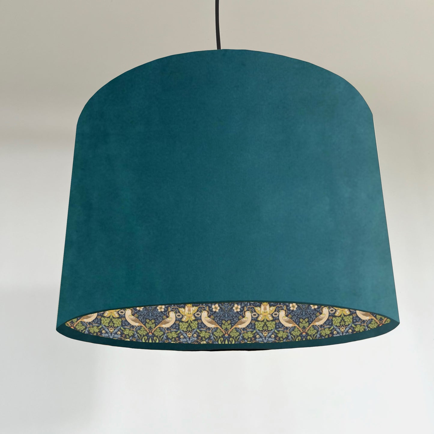 Teal velvet drum lampshade, double sided lampshade, with strawberry thief navy cotton interior
