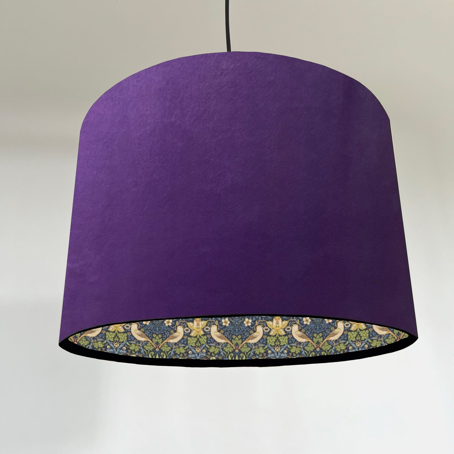 Purple velvet drum lampshade/ ceiling light shade with navy strawberry thief cotton interior