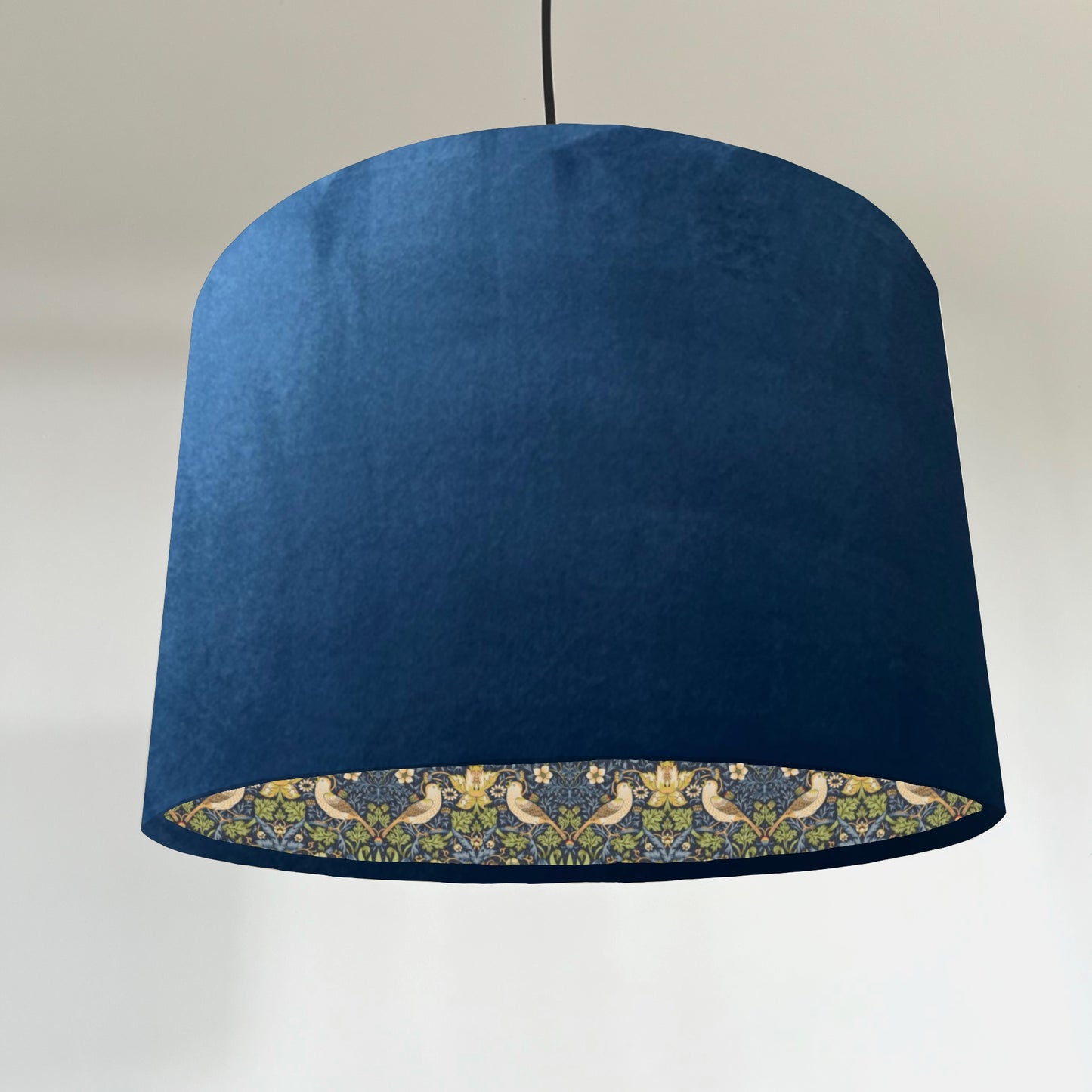 Navy velvet drum lampshade, double sided lampshade, with strawberry thief navy cotton interior