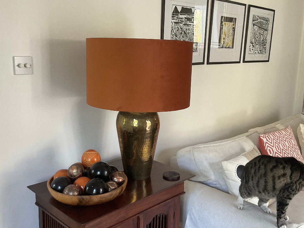 Burnt orange velvet drum lampshade/ ceiling light shade with lilac cotton interior