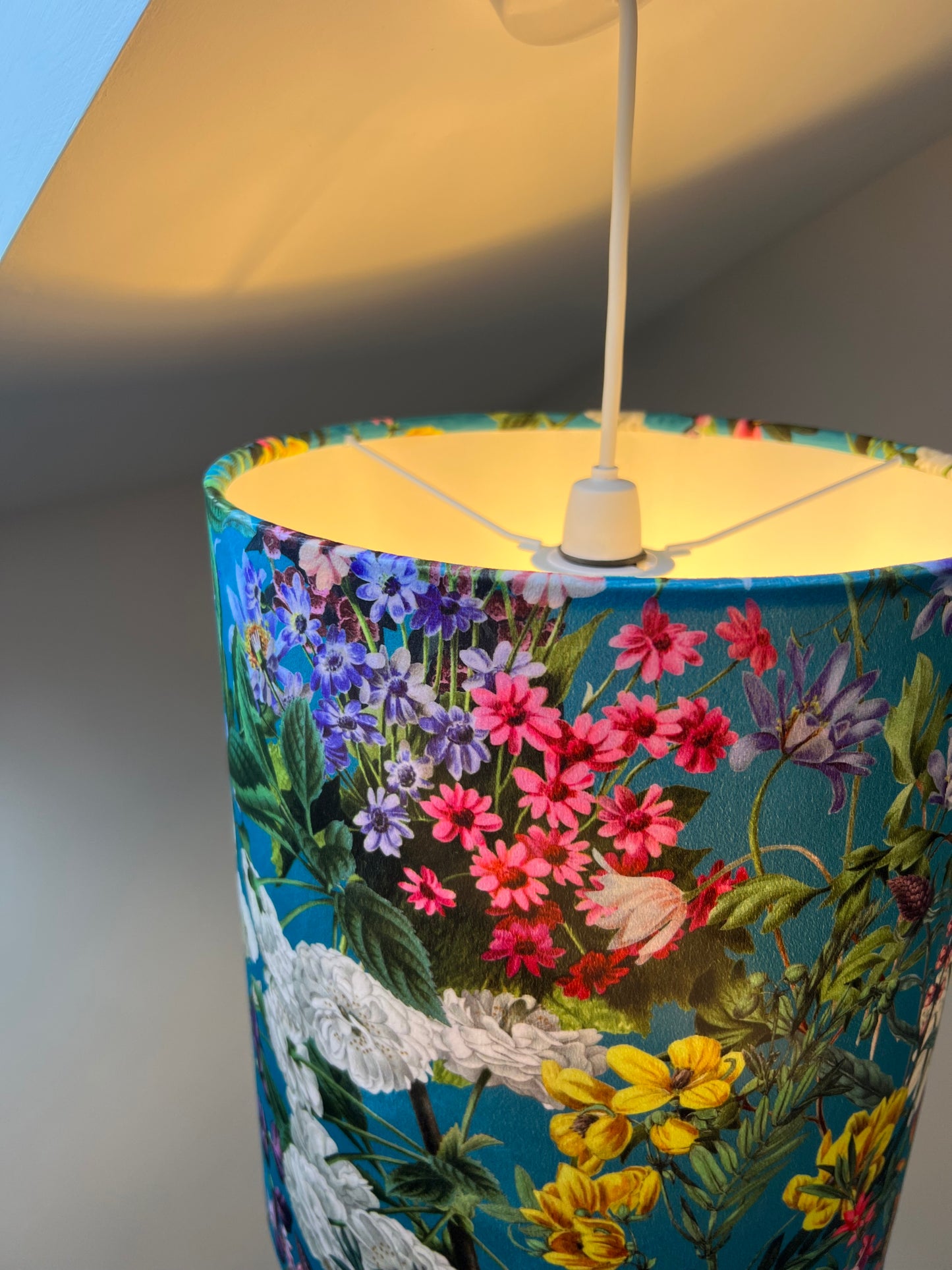 Teal flowers velvet drum lampshade / ceiling shade, with a white lining
