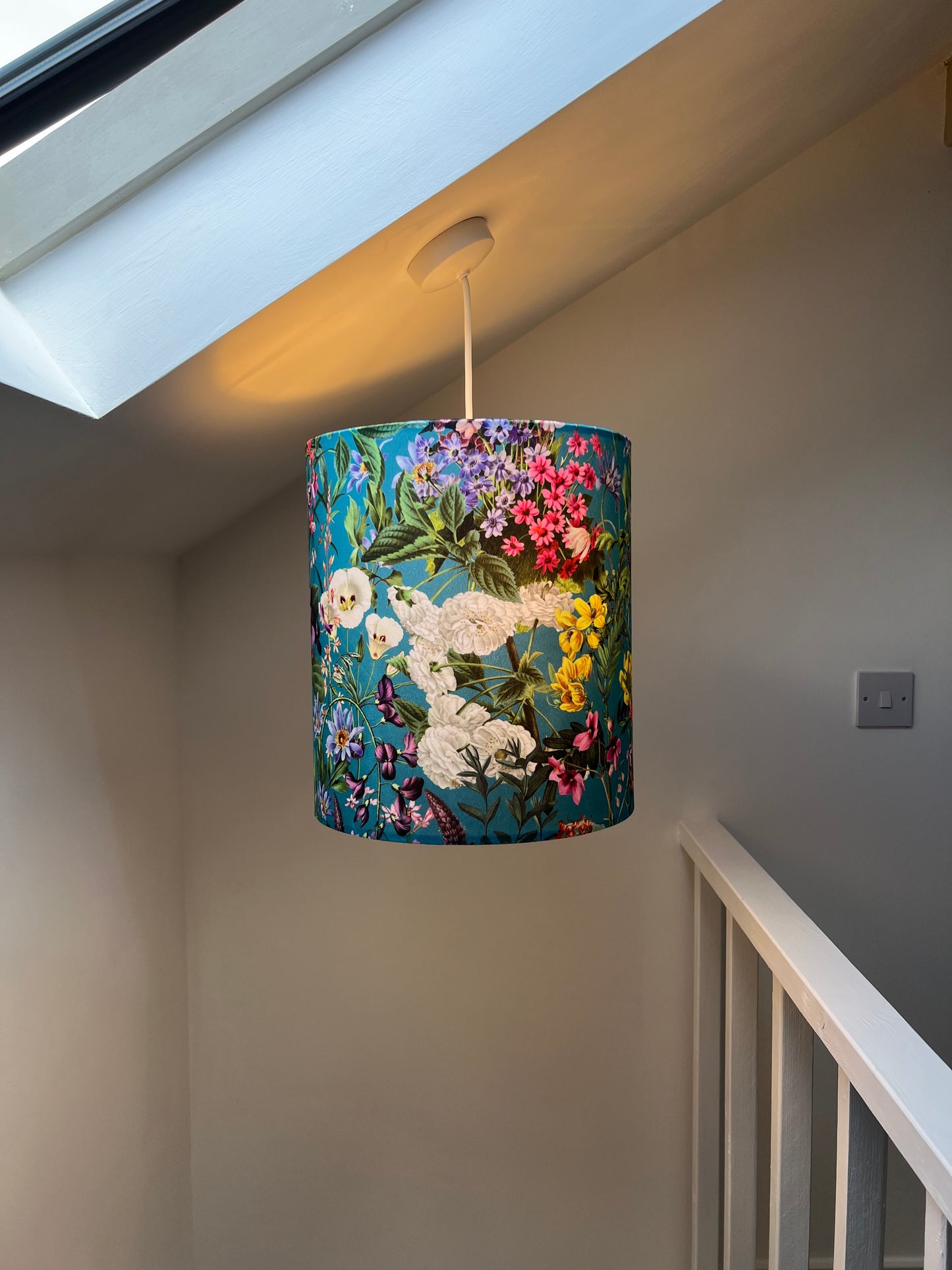 Teal flowers velvet drum lampshade / ceiling shade, with a white lining