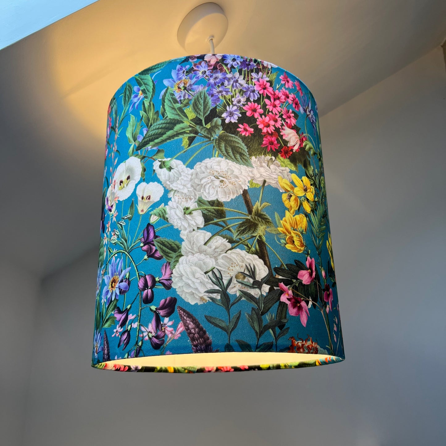 Teal flowers velvet drum lampshade / ceiling shade, with a white lining