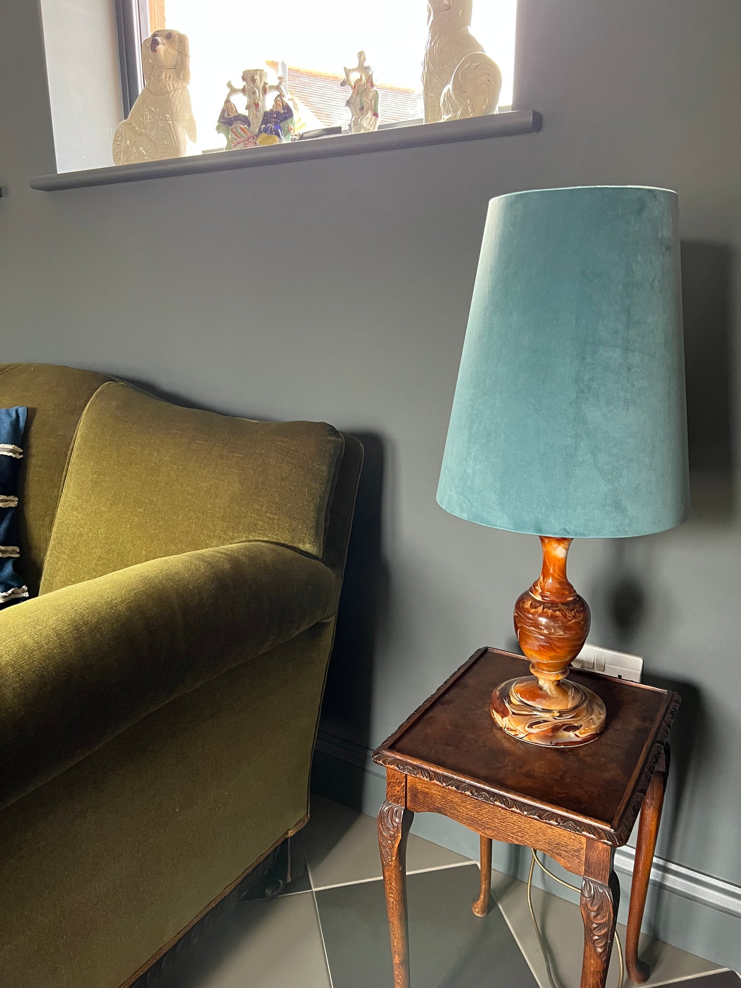 Teal blue Velvet cone lampshade, extra tall lampshade